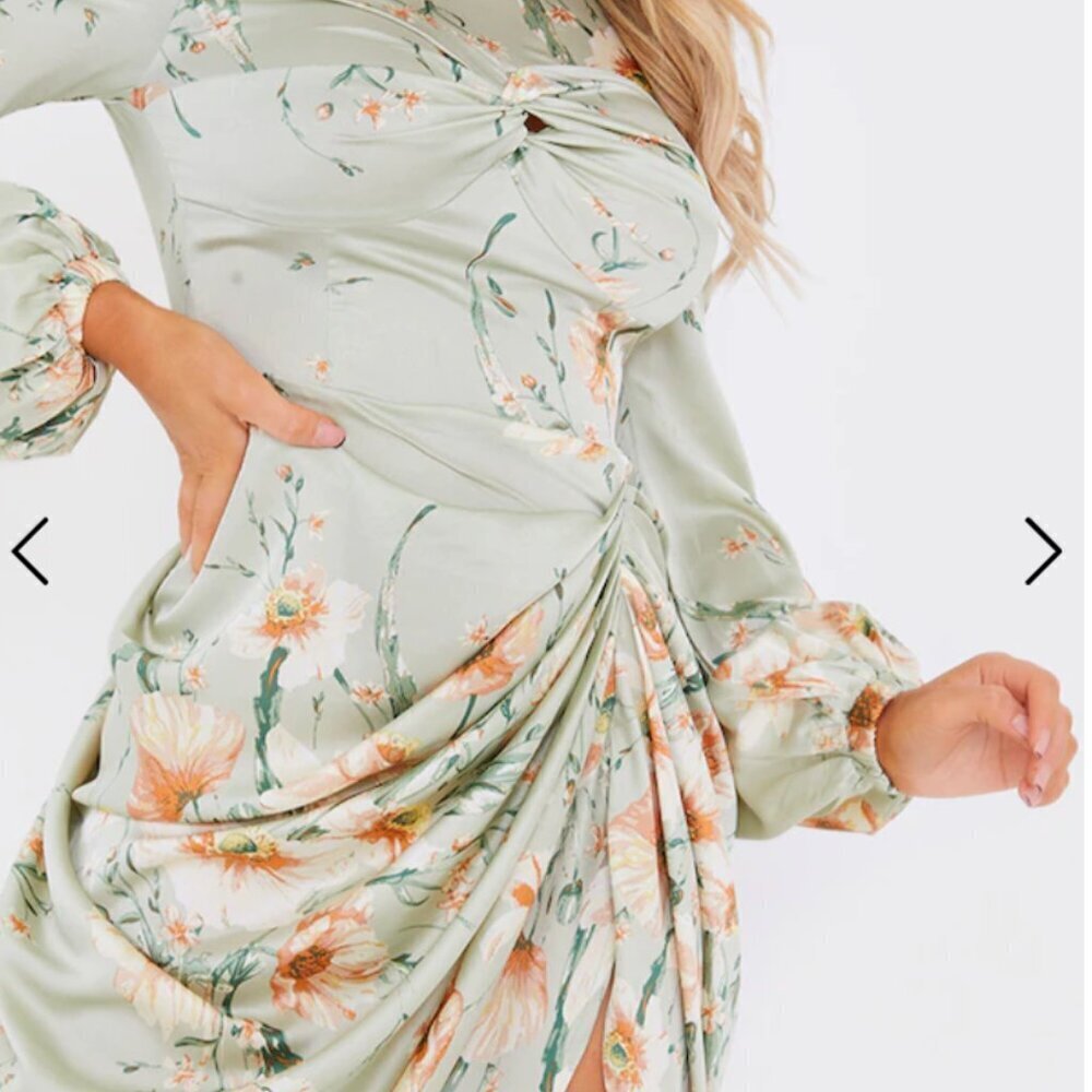 Sage Green Floral Twist Bust Draped Midi Dress Size 6 US NWT - Picture 4 of 6